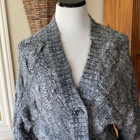 Nine West Chunky Boho  Wool Alpaca Blend Cable Knit Sweater Gray Sz M - Picture 2 of 11